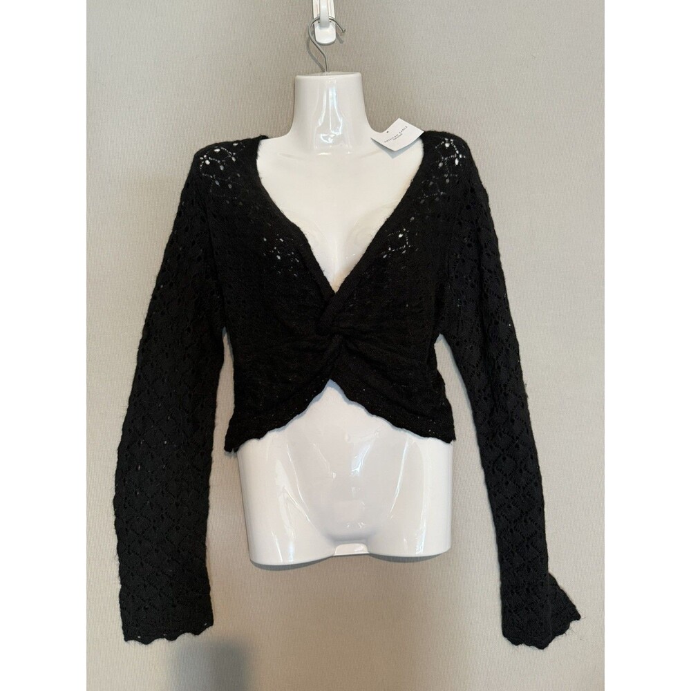 American Eagle Sweater Large Black Open-Knit Twist Front V-Neck Cropped Crochet